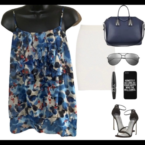 Kensie multicolour sleeveless semi-sheer ruffle neck blouse size L - Picture 9 of 10